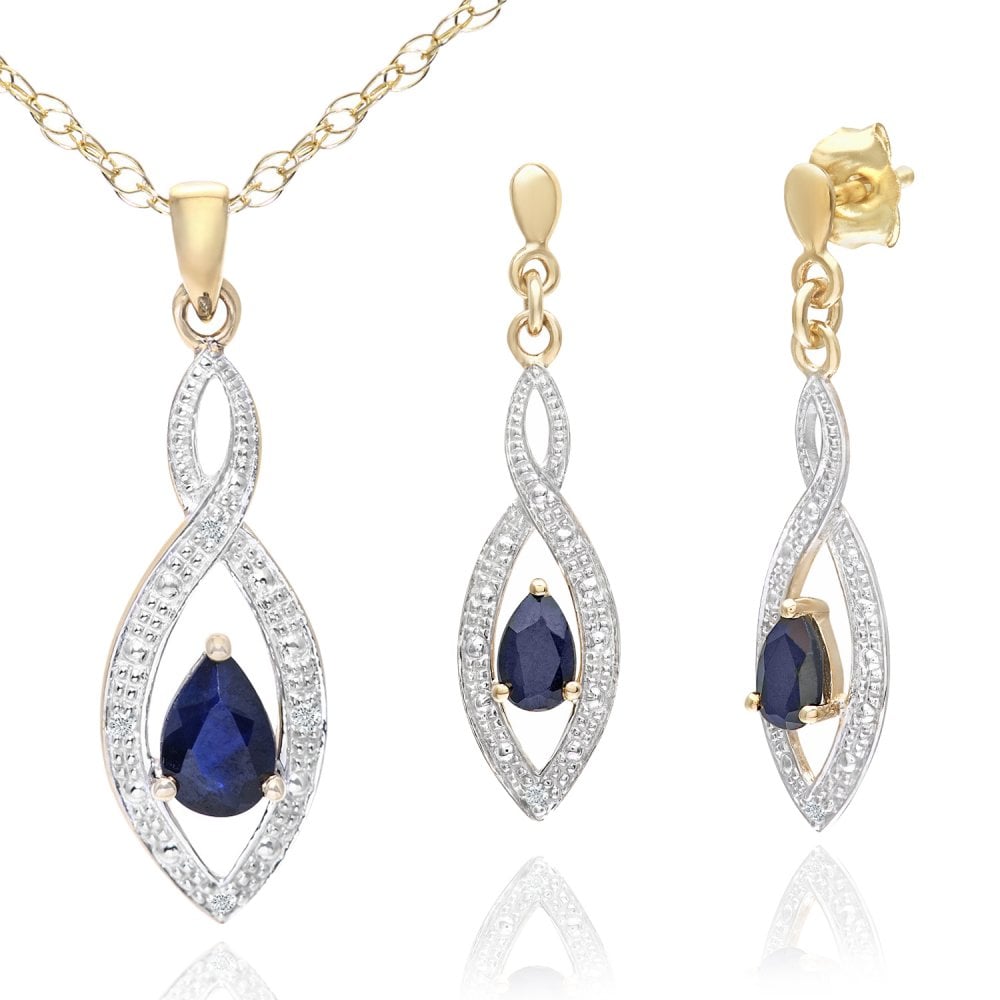 9ct Yellow Gold Sapphire and 0.02ct Diamond Teardrop Pendant Necklace and Earrings Set