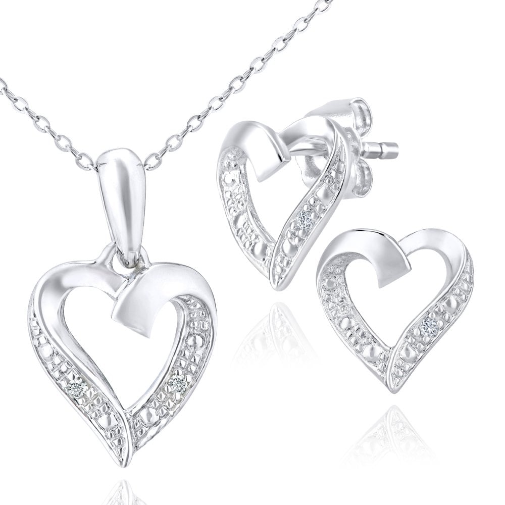 9ct White Gold 0.01ct Diamond Heart Pendant Necklace and Earrings Set
