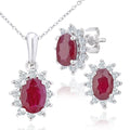 9ct White Gold Oval Ruby Cluster 0.25ct Diamond Pendant Necklace and Earrings Set
