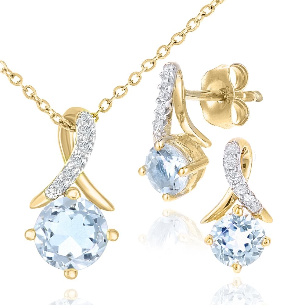 9ct Yellow Gold Blue Topaz and 0.02ct Diamond Twist Pendant Necklace and Earrings Set