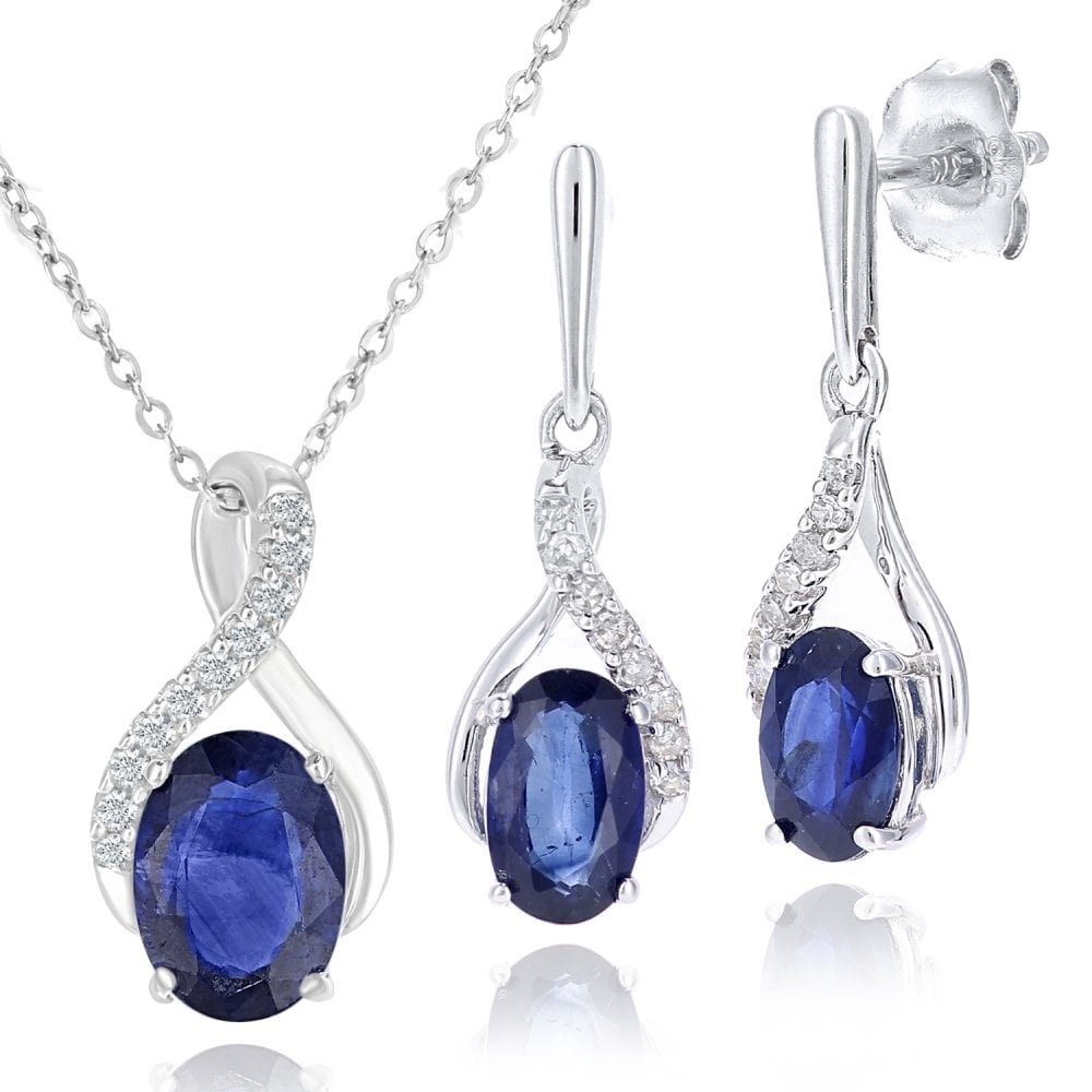 9ct White Gold Oval Sapphire and 0.05ct Diamond Crossover Pendant Necklace and Earrings Set