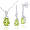 9ct White Gold Pear Peridot and 0.02ct Diamond Pendant Necklace and Earrings Set