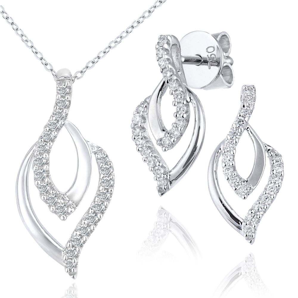 18ct White Gold 0.10ct Diamond Twist Pendant Necklace and Earrings Set