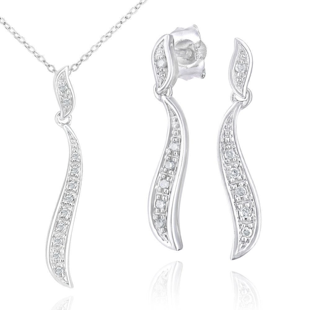 9ct White Gold 0.05ct Diamond Stick Pendant Necklace and Earrings Set