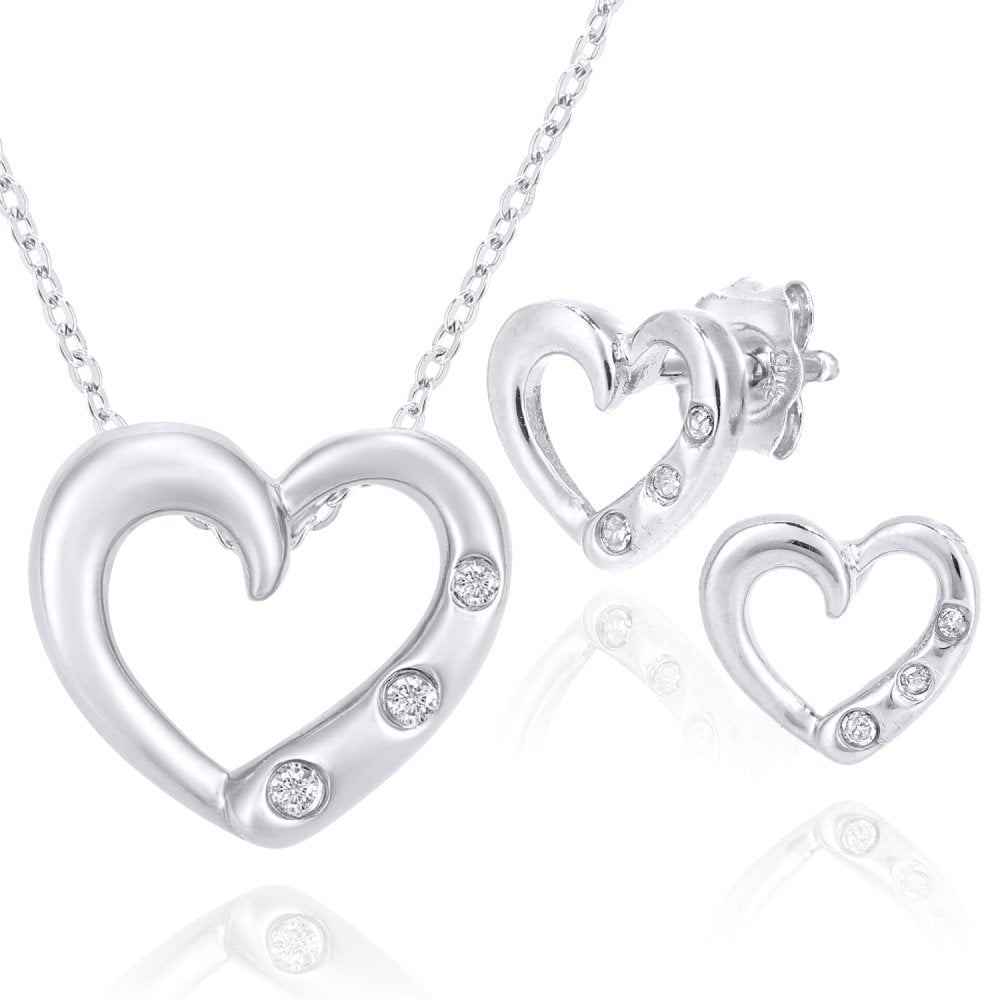 9ct White Gold 0.01ct Diamond Heart Trilogy Pendant Necklace and Earrings Set