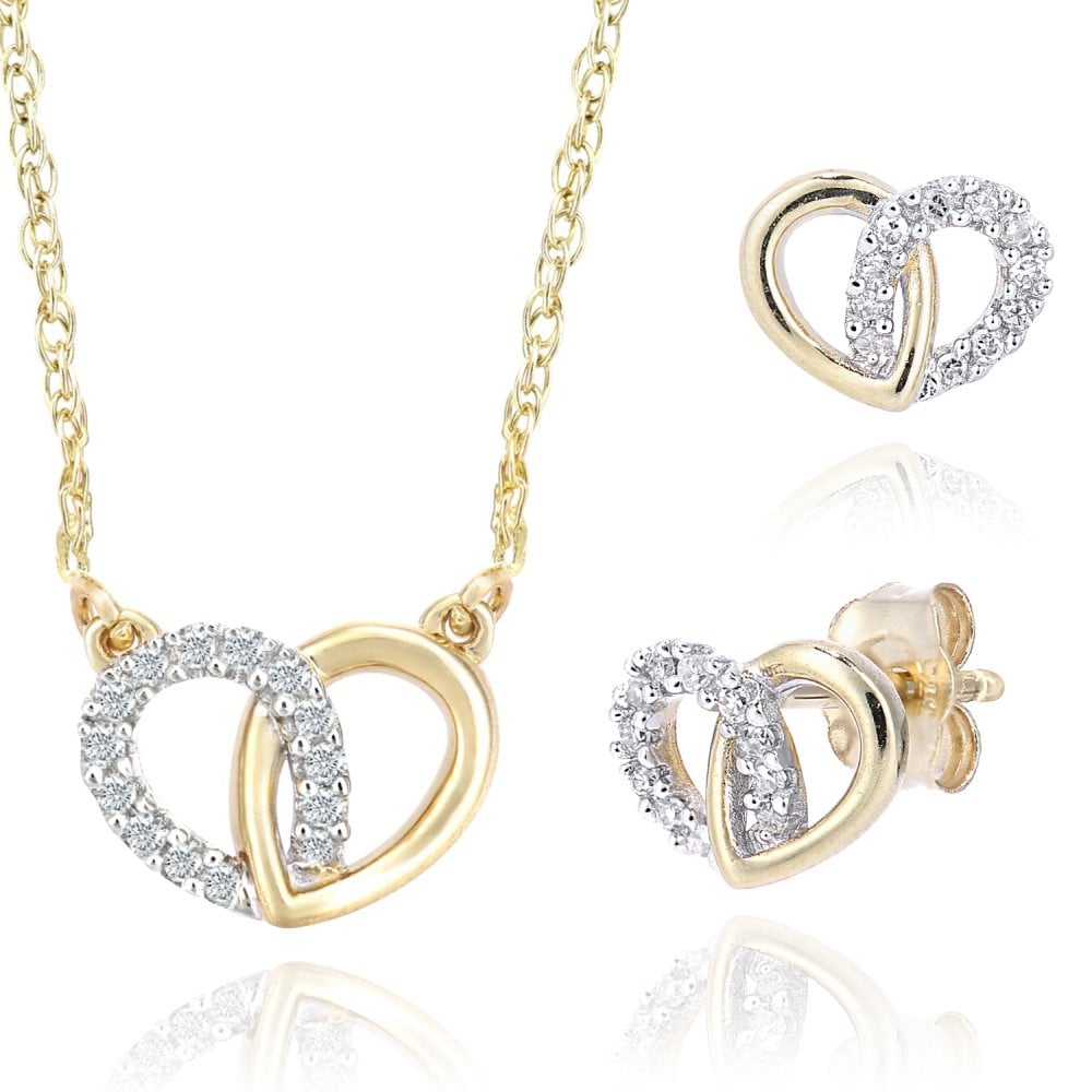 9ct Yellow Gold 0.05ct Diamond Heart Infinity Necklace & Earrings Set