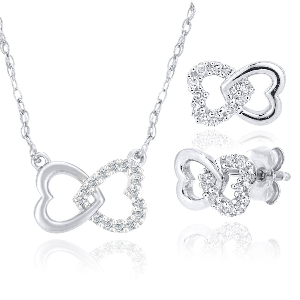 9ct White Gold 0.07ct Diamond Heart Infinity Necklace and Earrings Set
