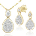 9ct Yellow Gold 0.07ct Diamond Teardrop Halo Pendant Necklace and Earrings Set