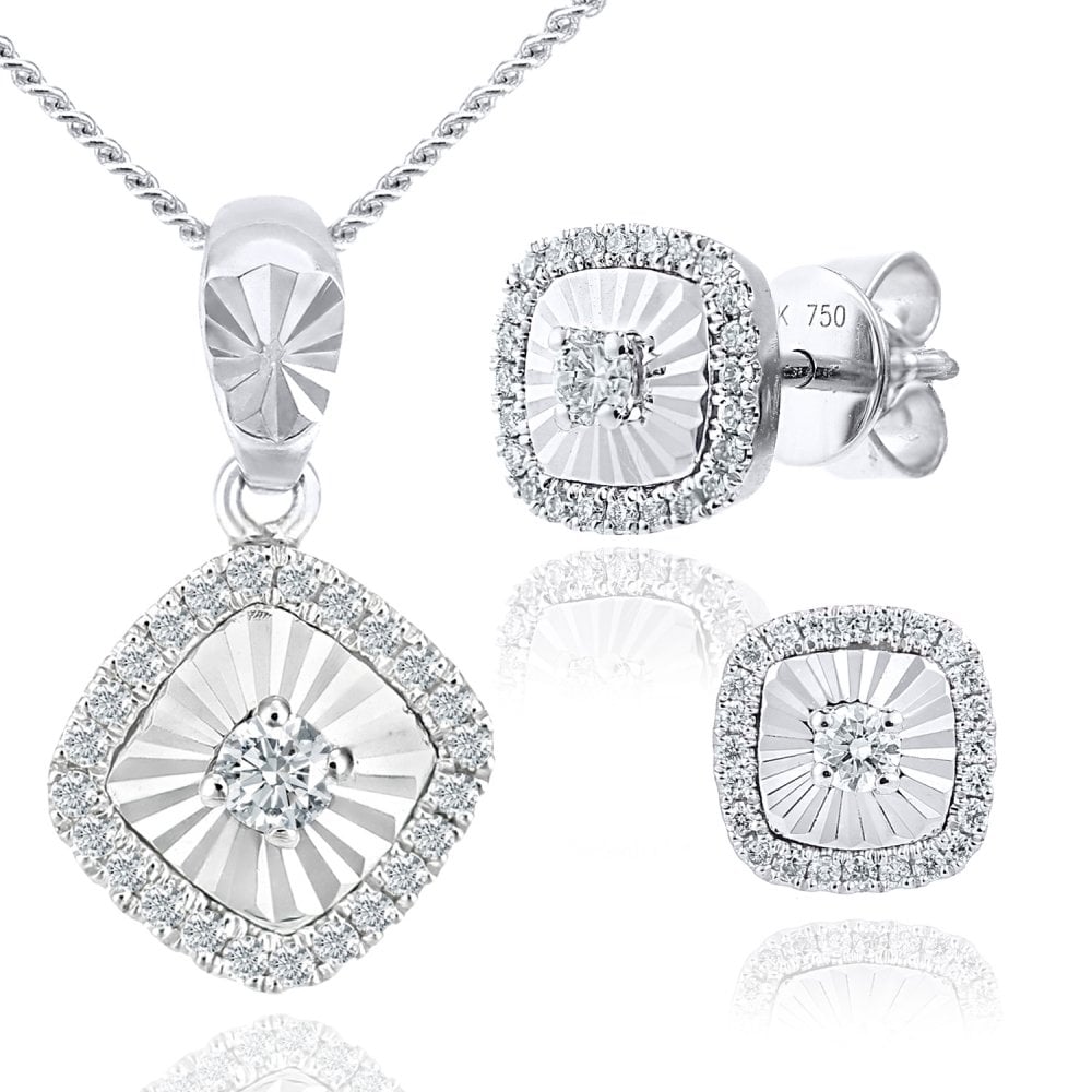 18ct White Gold 0.05ct Diamond Halo Pendant Necklace and Earrings Set
