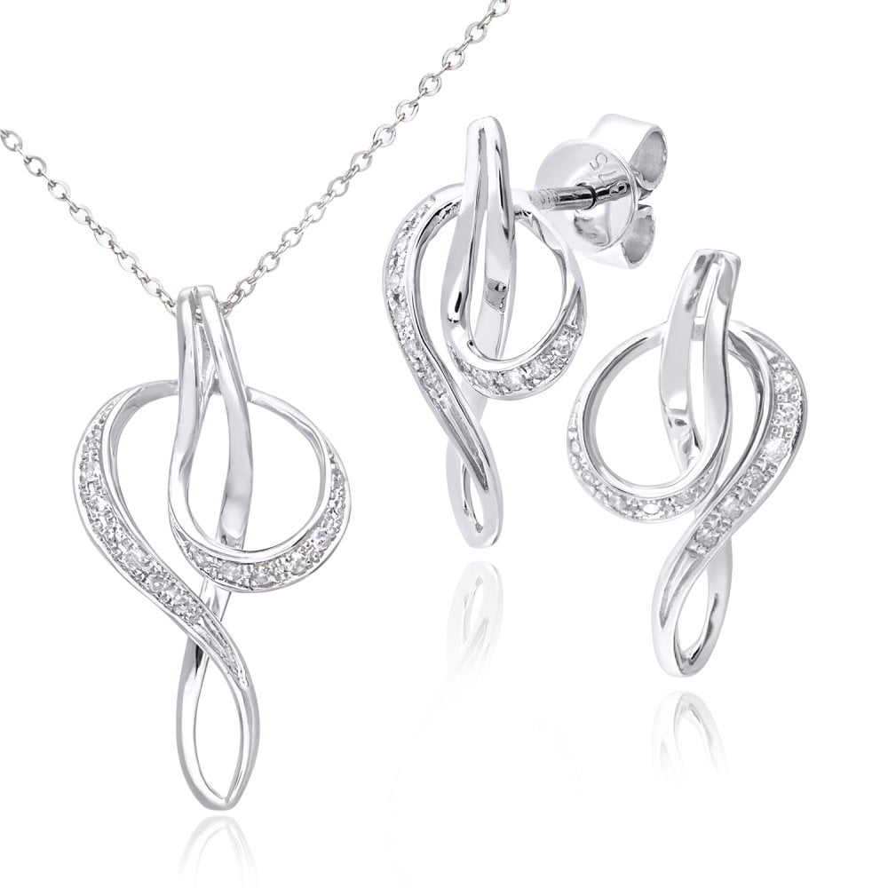 9ct White Gold 0.05ct Diamond Pendant Necklace and Earrings Set
