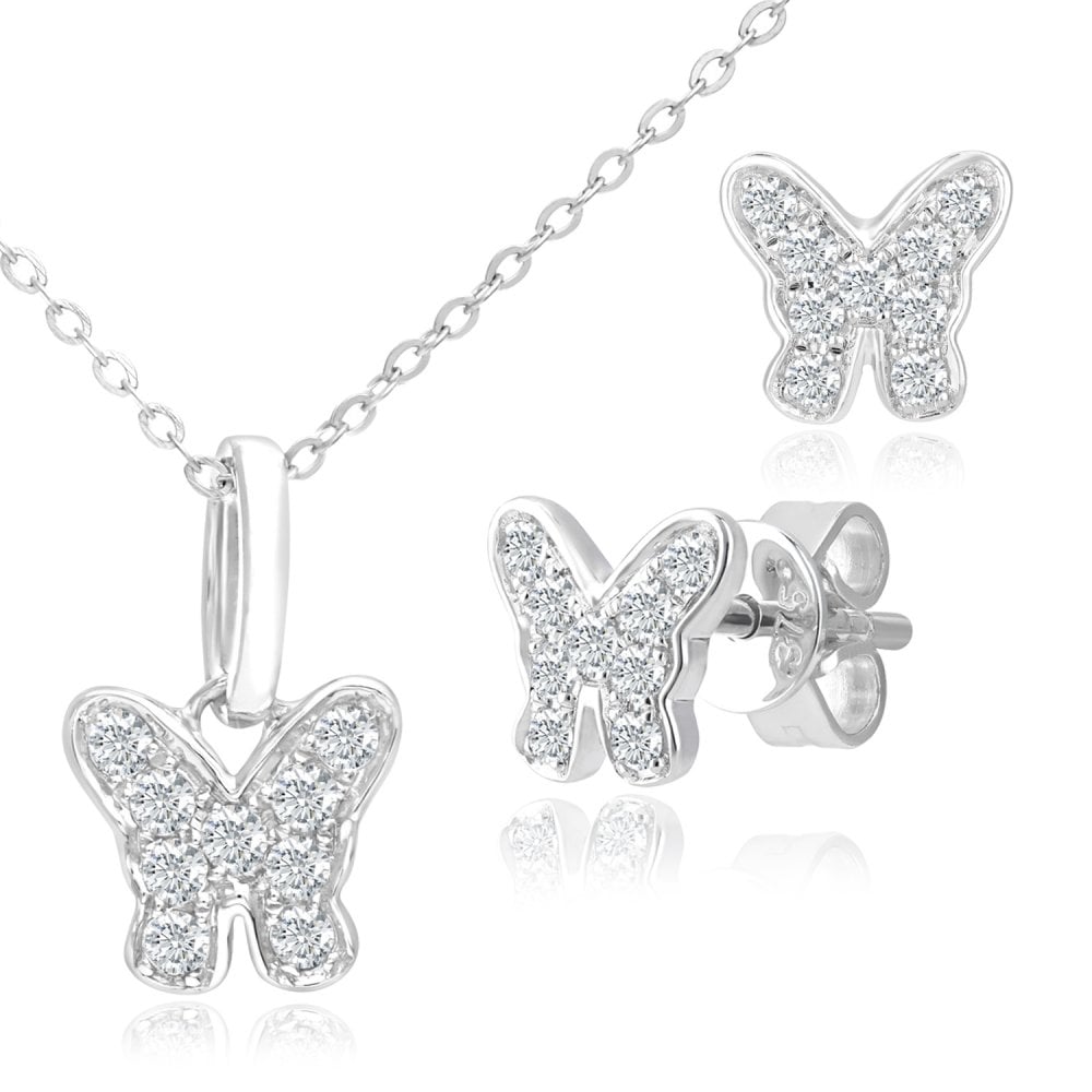 9ct White Gold 0.10ct Diamond Butterfly Pendant Necklace and Earrings Set