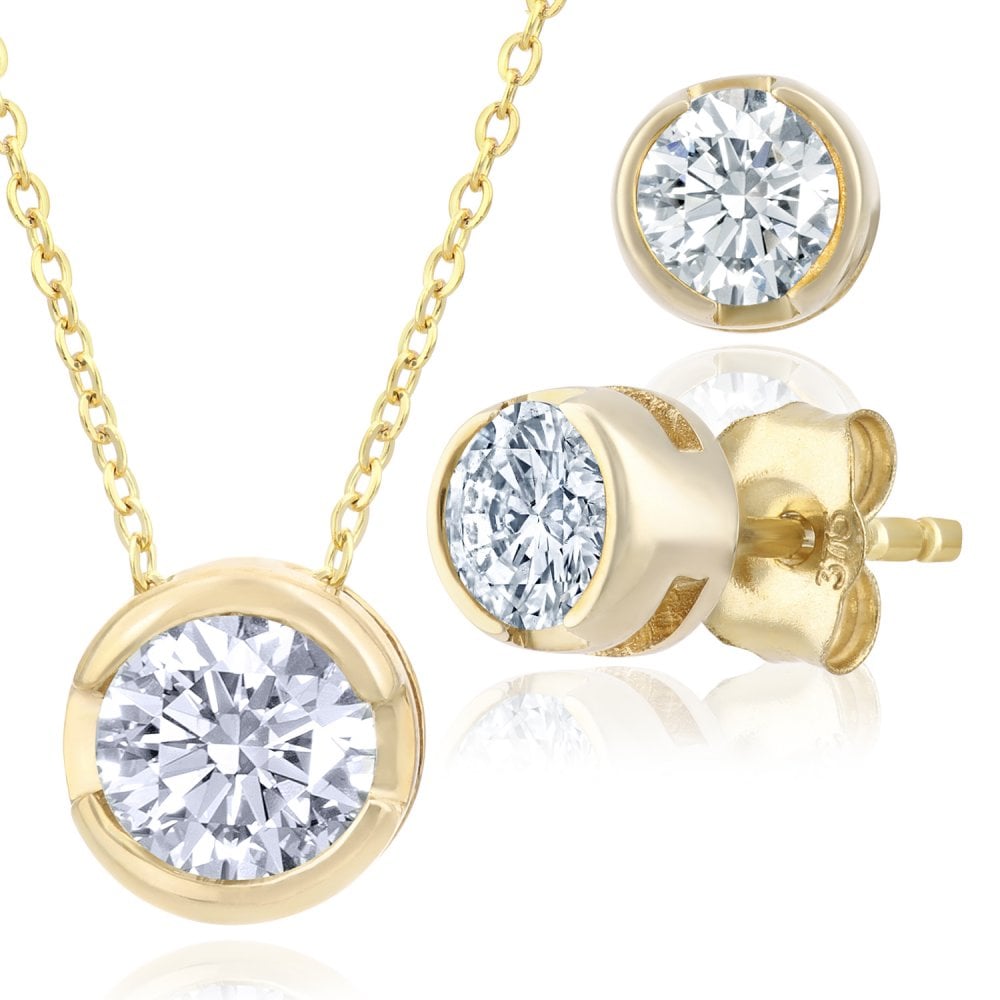 9ct Yellow Gold Rub Set Quarter Carat 0.50ct Diamond Pendant and 18" Chain and Earrings Set