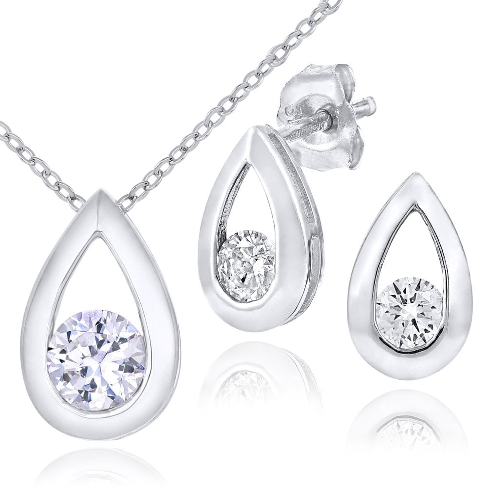 9ct White Gold 0.25ct Diamond Tear Drop Pendant + 18" Chain and Earrings Set