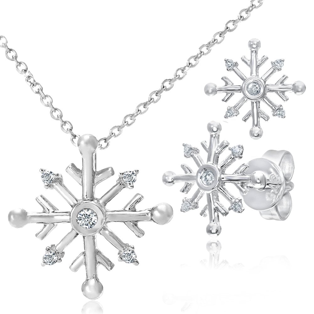 9ct White Gold 0.03ct Diamond Snowflake Pendant Necklace and Earrings Set
