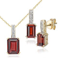 9ct Yellow Gold Octagon Garnet and 0.02ct Diamond Pendant Necklace and Earrings Set