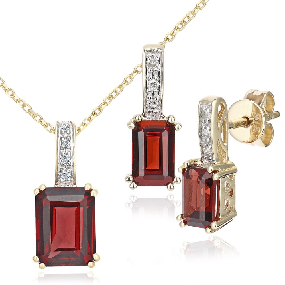 9ct Yellow Gold Octagon Garnet and 0.02ct Diamond Pendant Necklace and Earrings Set