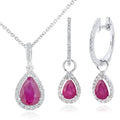 9ct White Gold Ruby and 0.08ct Diamond Teardrop Pendant Necklace and Earrings Set