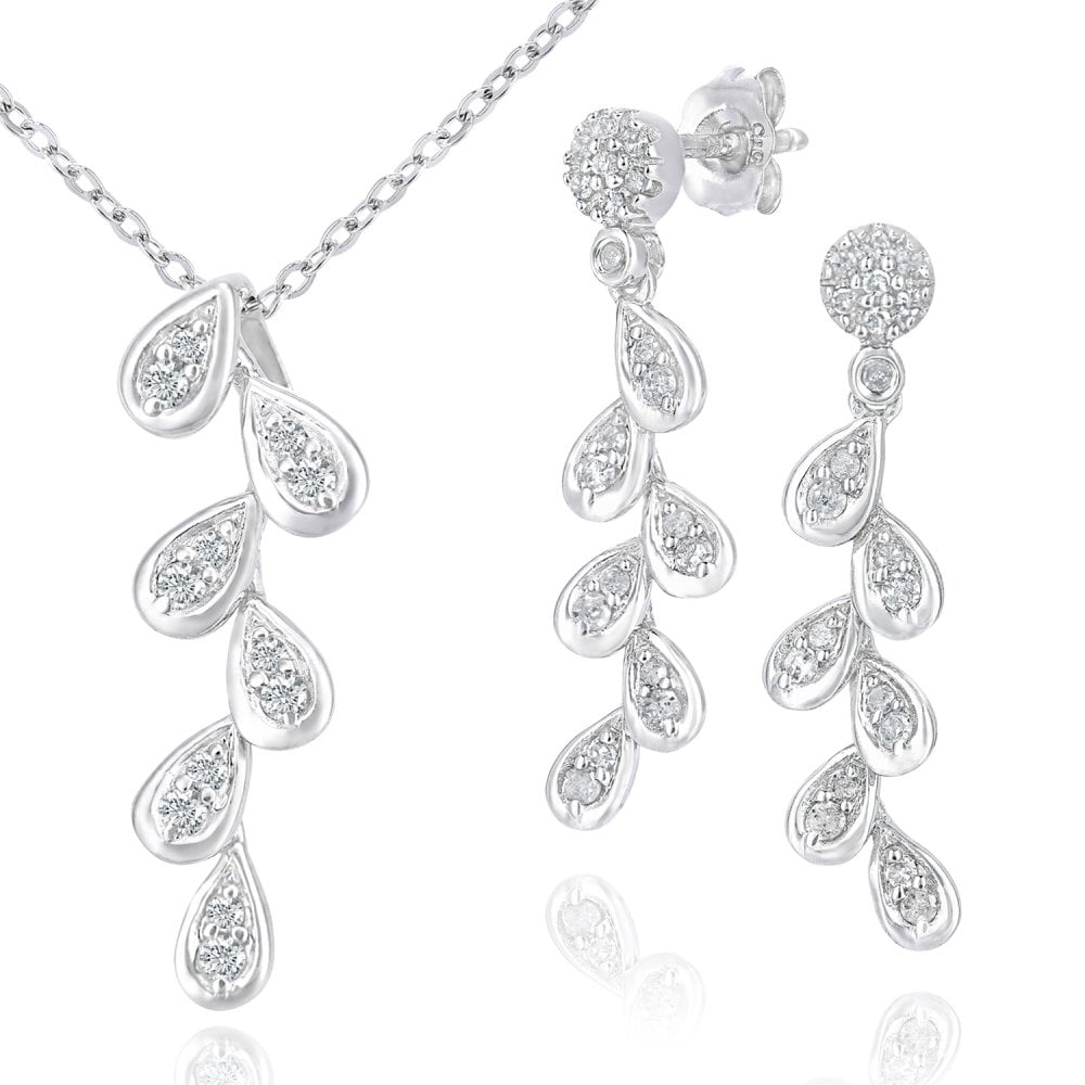 9ct White Gold Diamond Leaf Pendant Necklace and Earrings Set