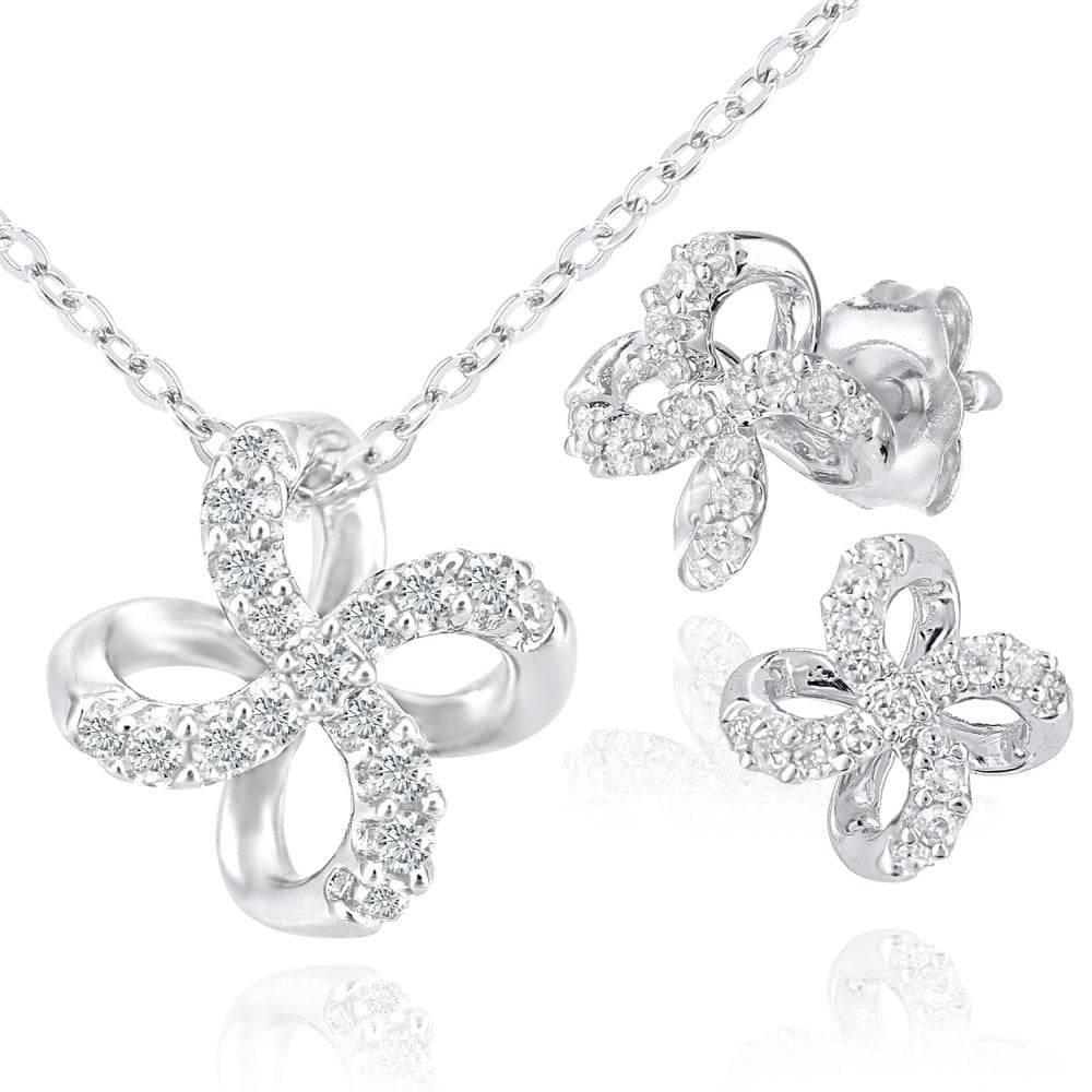 9ct White Gold Diamond Flower Pendant Necklace and Earrings Set