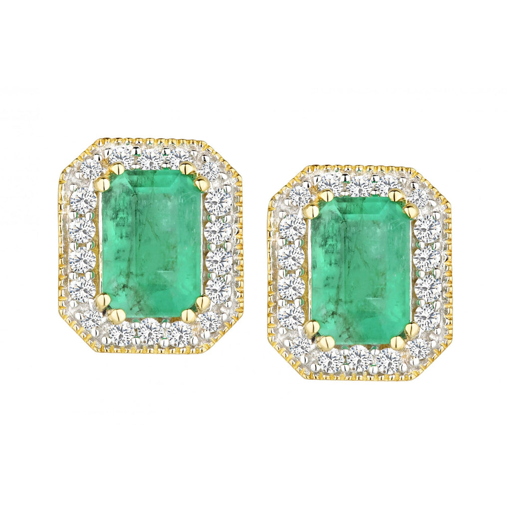 9ct Yellow Gold 1.15ct Octagon Emerald & Diamond Stud Earrings