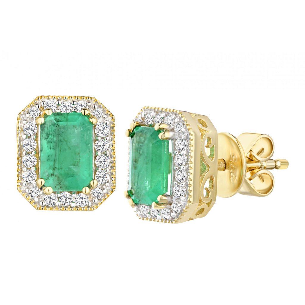 9ct Yellow Gold 1.15ct Octagon Emerald & Diamond Stud Earrings