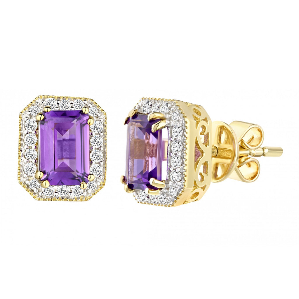 9ct Yellow Gold Octagon Amethyst & Diamond Earrings