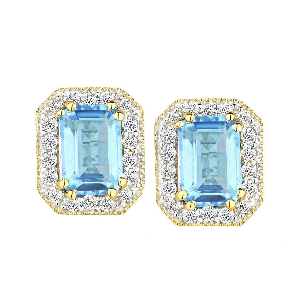 9ct Yellow Gold 1.5ct Swiss Blue Topaz Octagon Halo Stud Earrings