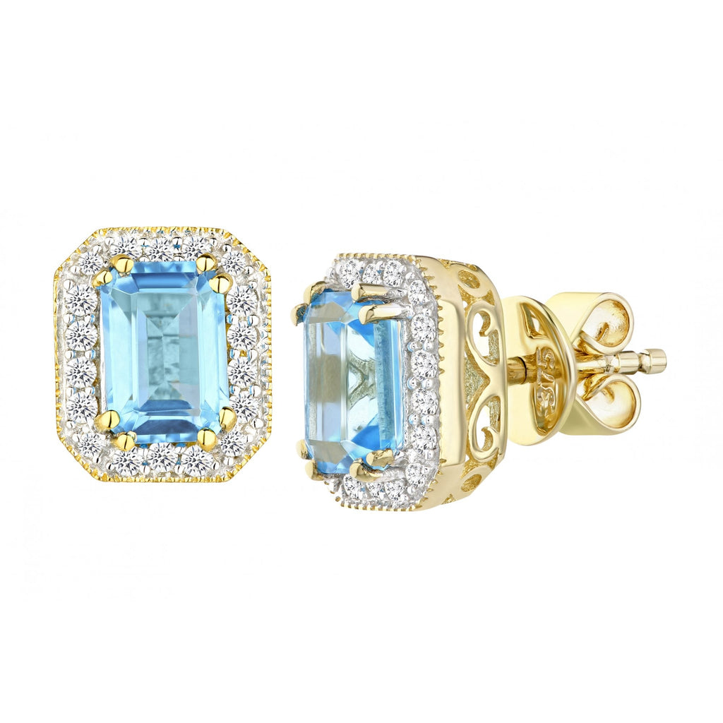 9ct Yellow Gold 1.5ct Swiss Blue Topaz Octagon Halo Stud Earrings