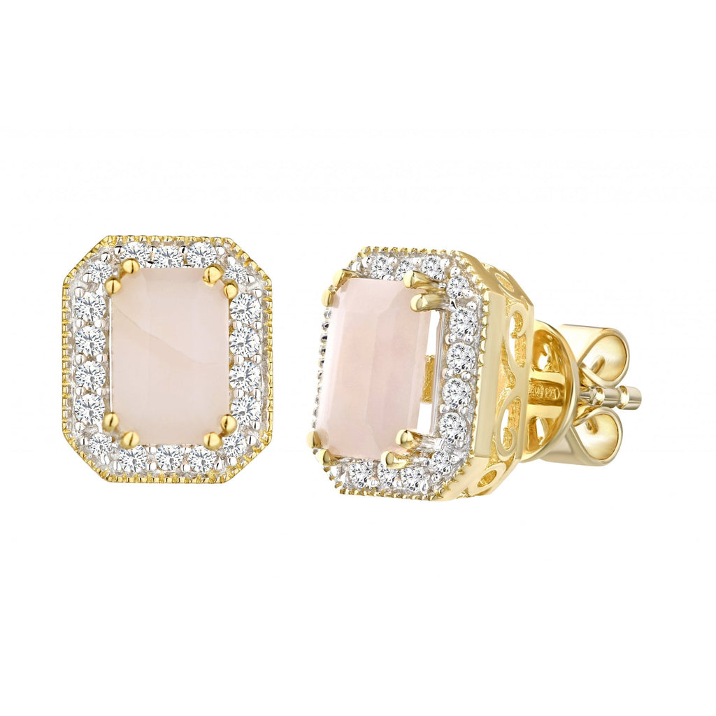 9ct Yellow Gold Octagon Pink Opal and Diamond Earrings