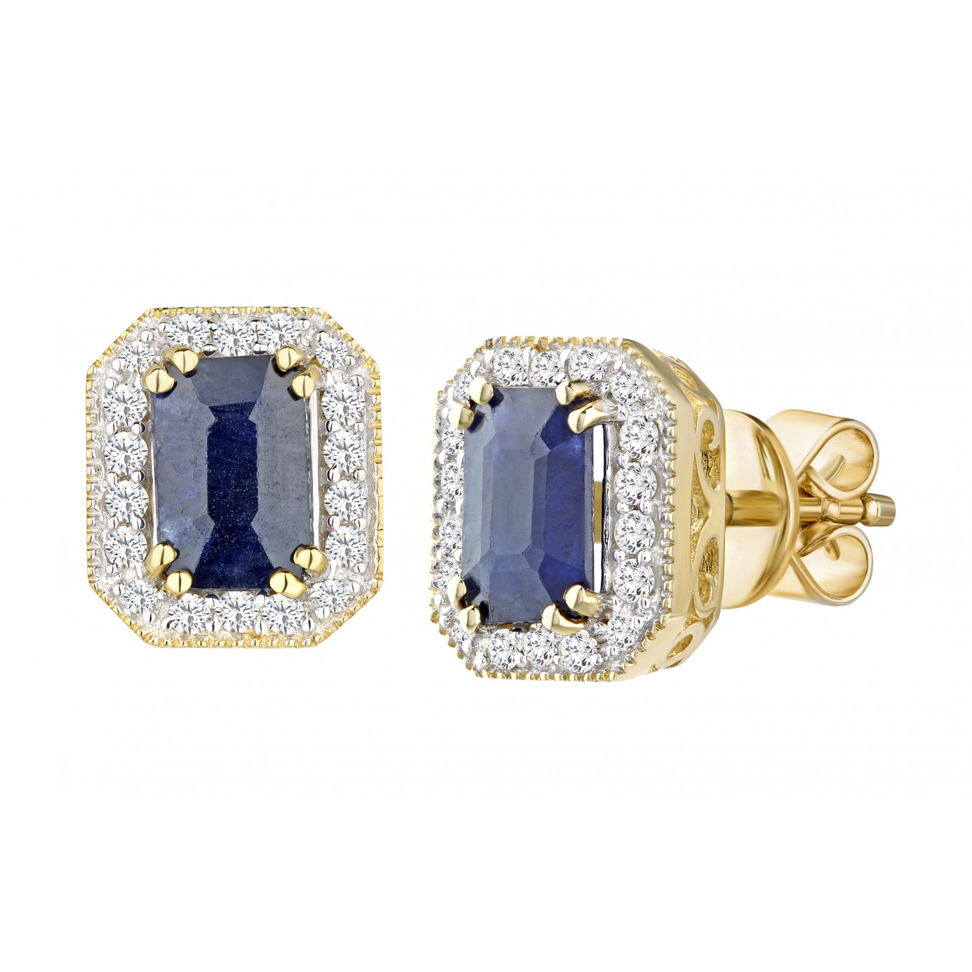 1.32 Ct Octagon Natural Blue Sapphire and Diamond Halo Stud Earrings in 9ct Yellow Gold