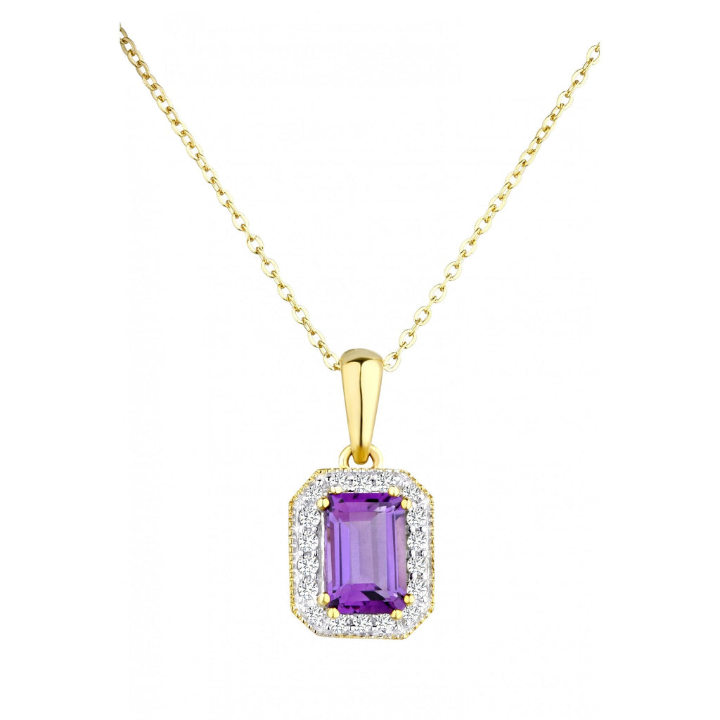 9ct Yellow Gold Octagon Amethyst and Diamond Pendant Necklace