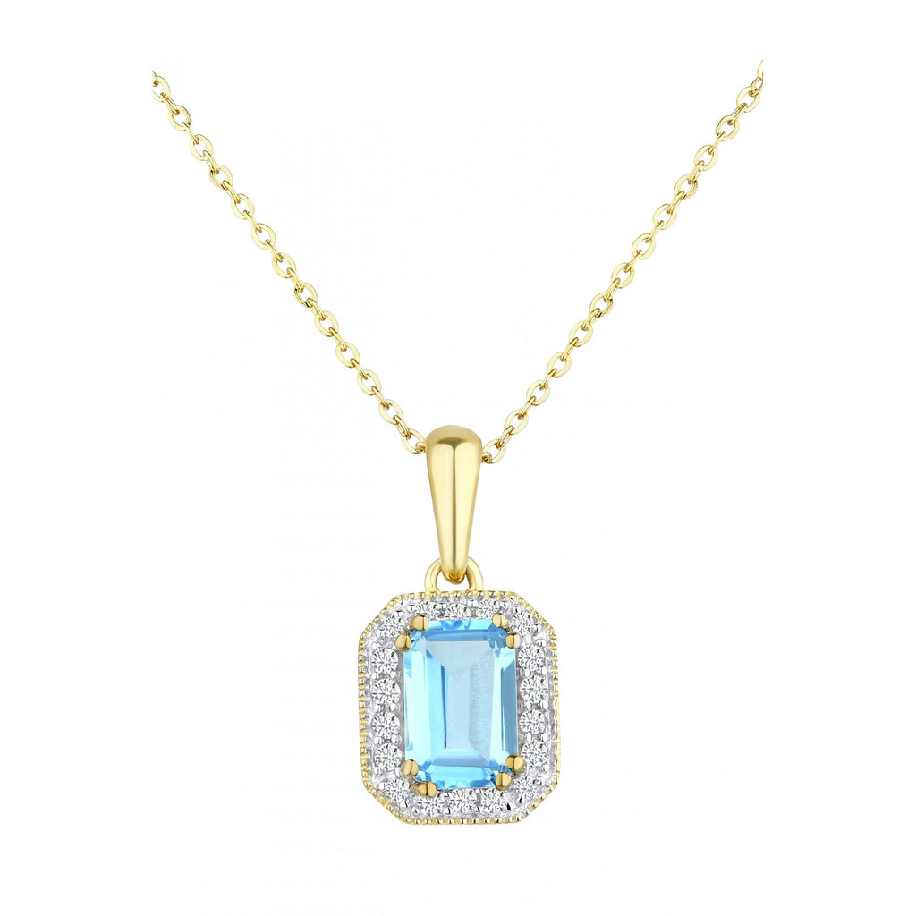 9ct Yellow Gold Sky Blue Topaz and Natural Diamond Halo Octagon Necklace