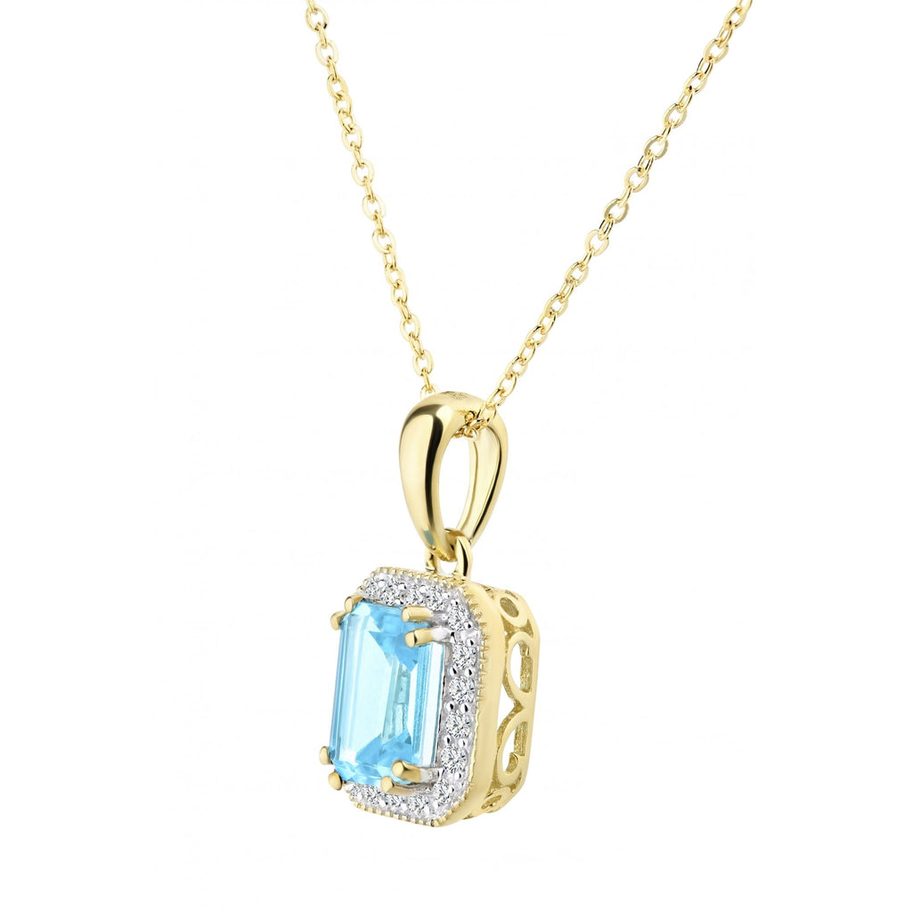 9ct Yellow Gold Sky Blue Topaz and Natural Diamond Halo Octagon Necklace