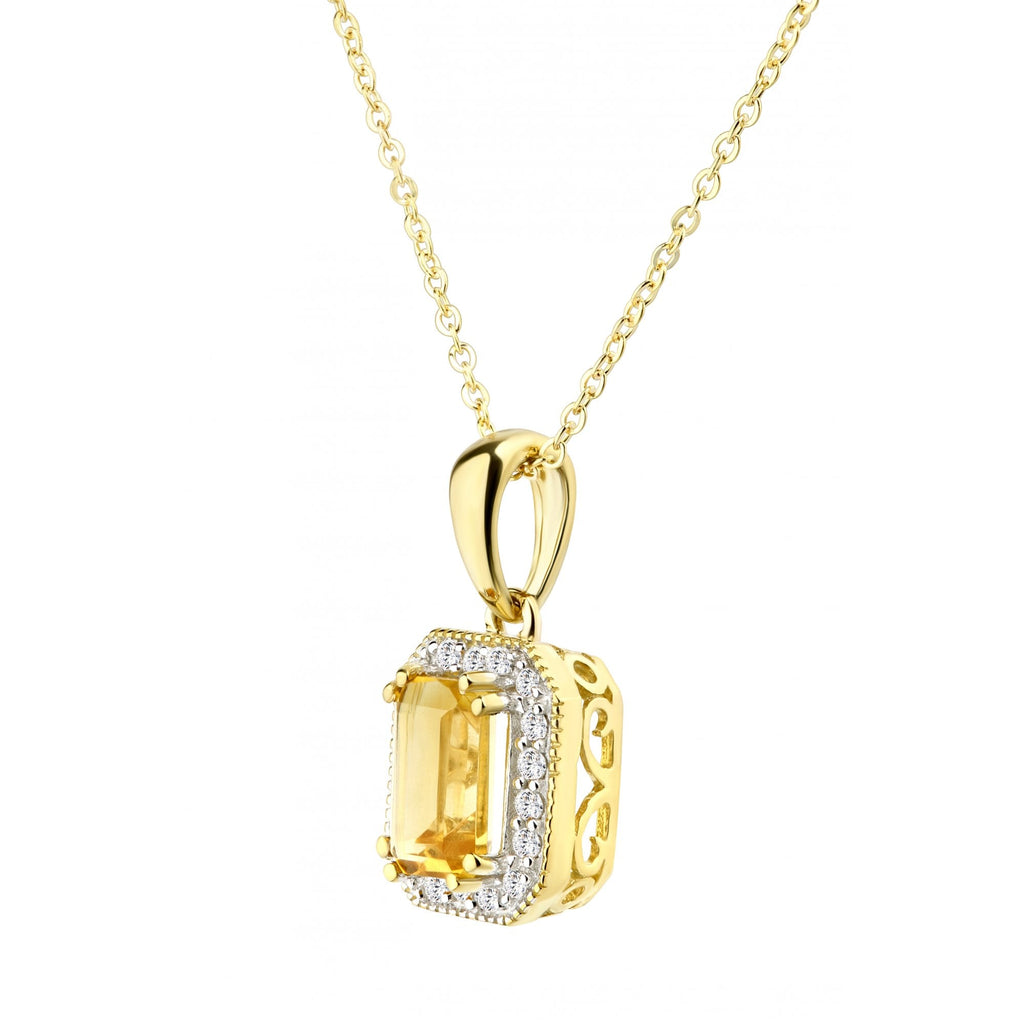 9ct Yellow Gold Octagon Citrine & Diamond Halo Pendant