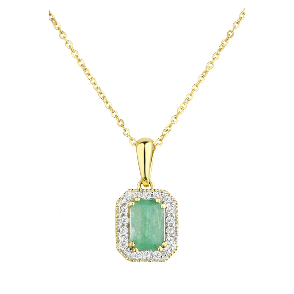 9ct Yellow Gold 0.55ct Octagon Emerald & Diamond Cluster Pendant