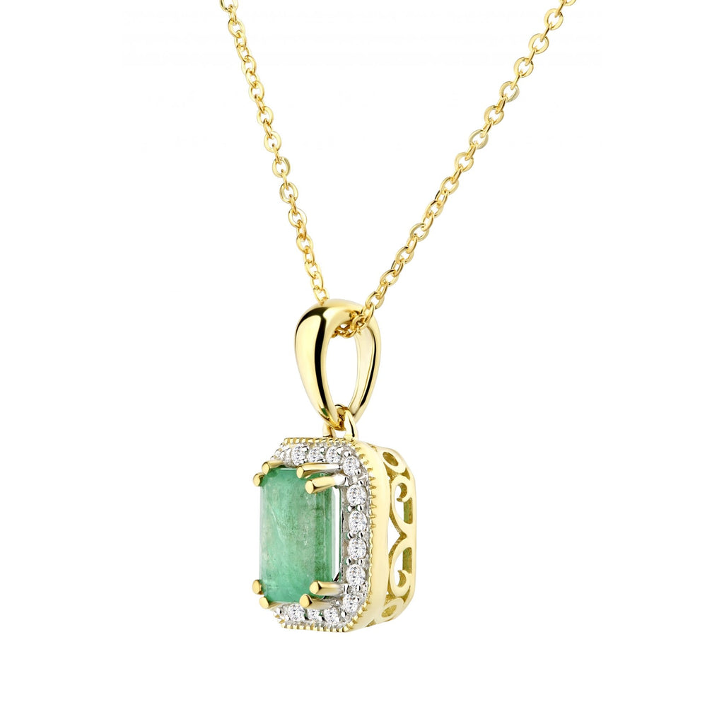 9ct Yellow Gold 0.55ct Octagon Emerald & Diamond Cluster Pendant