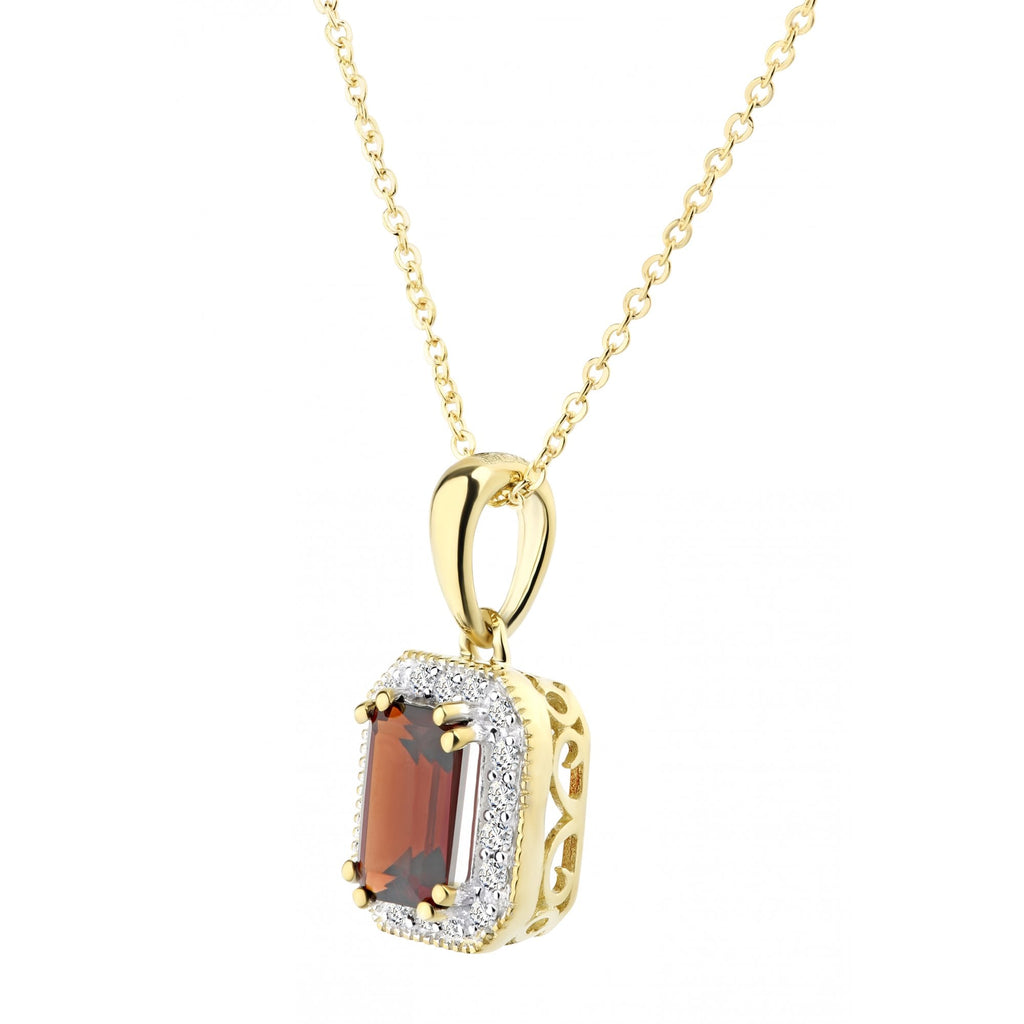 9ct Yellow Gold Octagon Garnet and Diamond Pendant Necklace