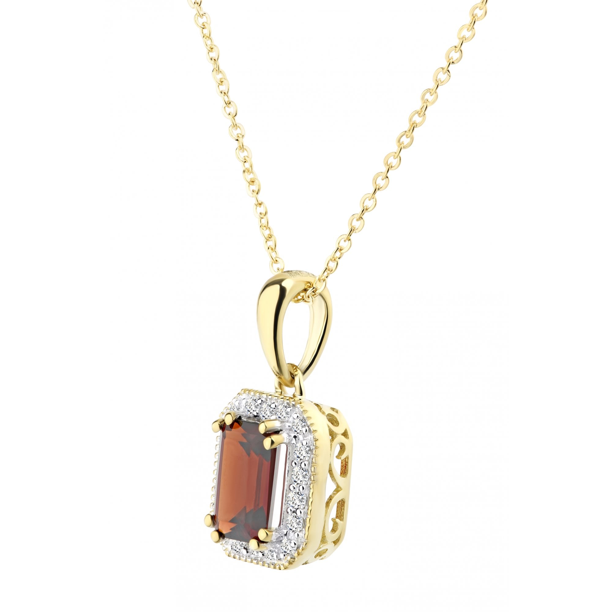 9ct Yellow Gold Octagon Garnet and Diamond Pendant Necklace