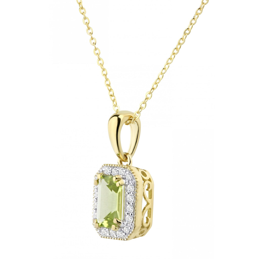 9ct Yellow Gold Octagon Peridot & Diamond Pendant Necklace
