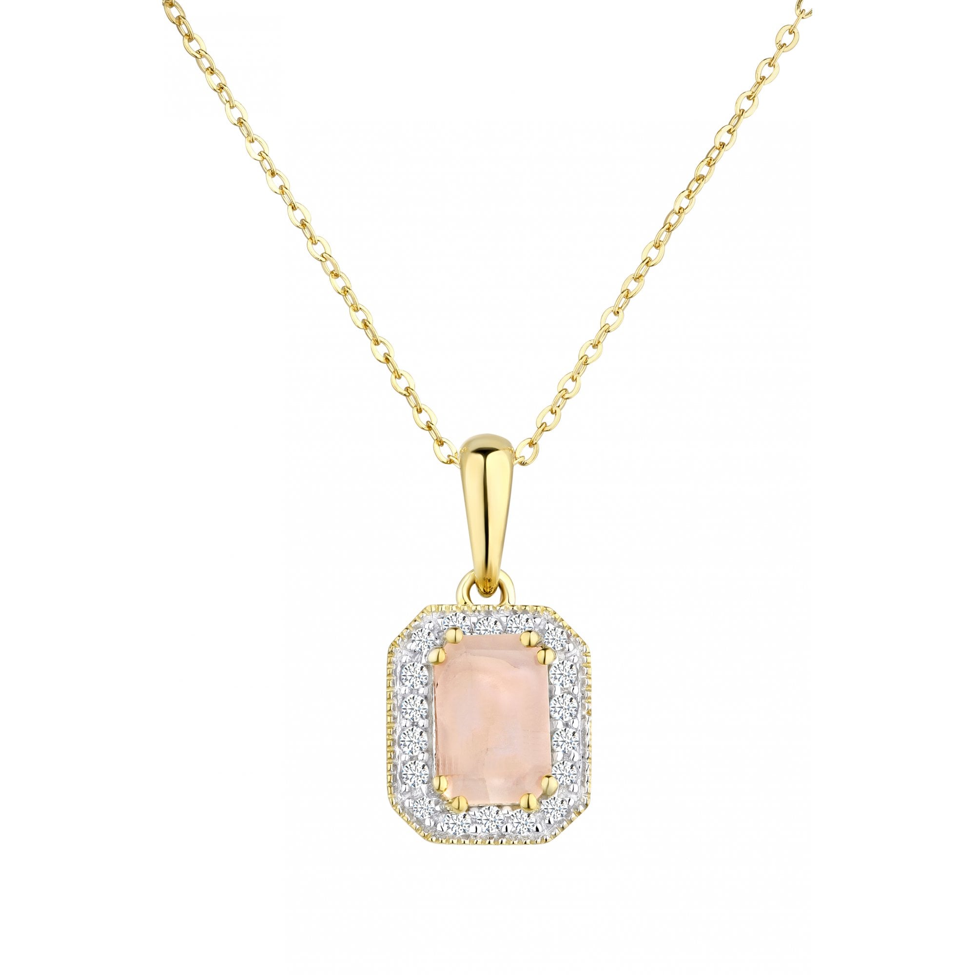 9ct Yellow Gold Octagon Pink Opal & Diamond Pendant Necklace
