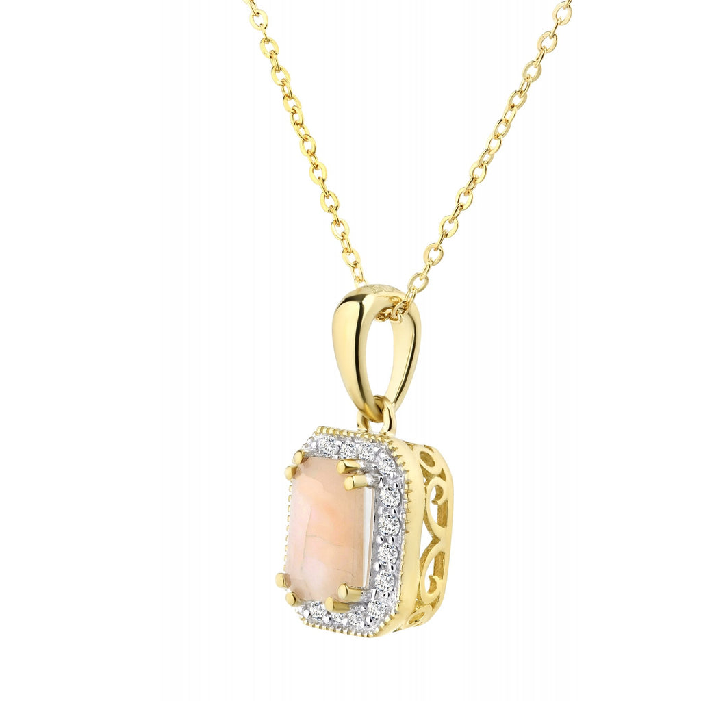 9ct Yellow Gold Octagon Pink Opal & Diamond Pendant Necklace