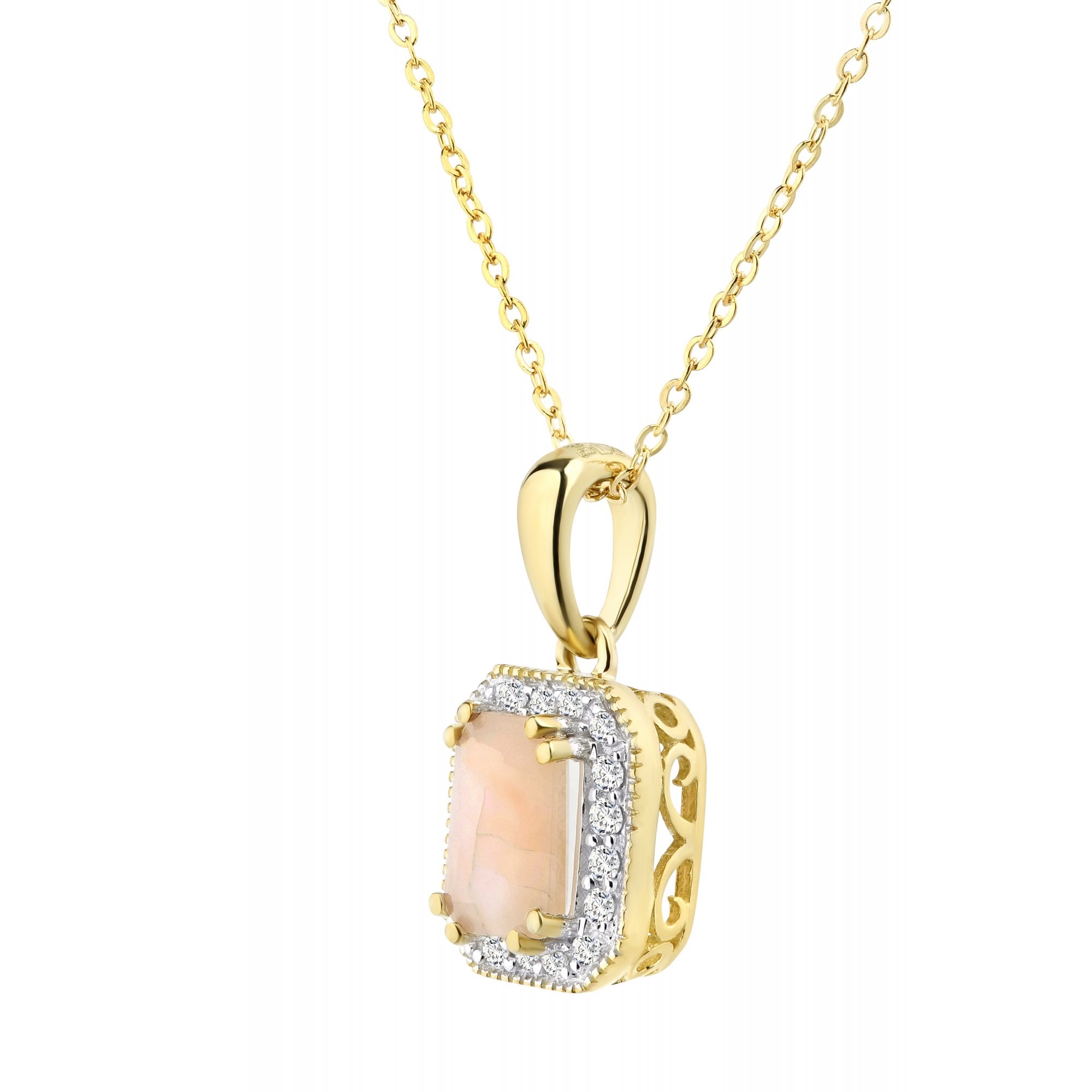 9ct Yellow Gold Octagon Pink Opal & Diamond Pendant Necklace