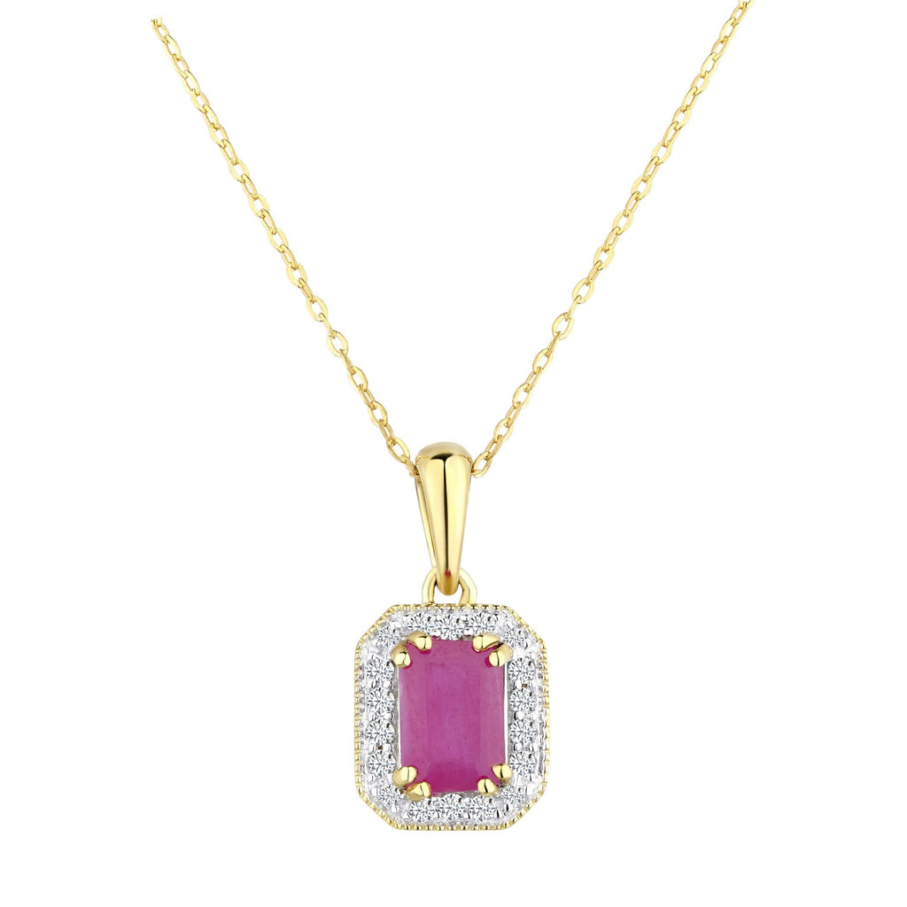 9ct Yellow Gold Octagon Ruby and Diamond Pendant Necklace