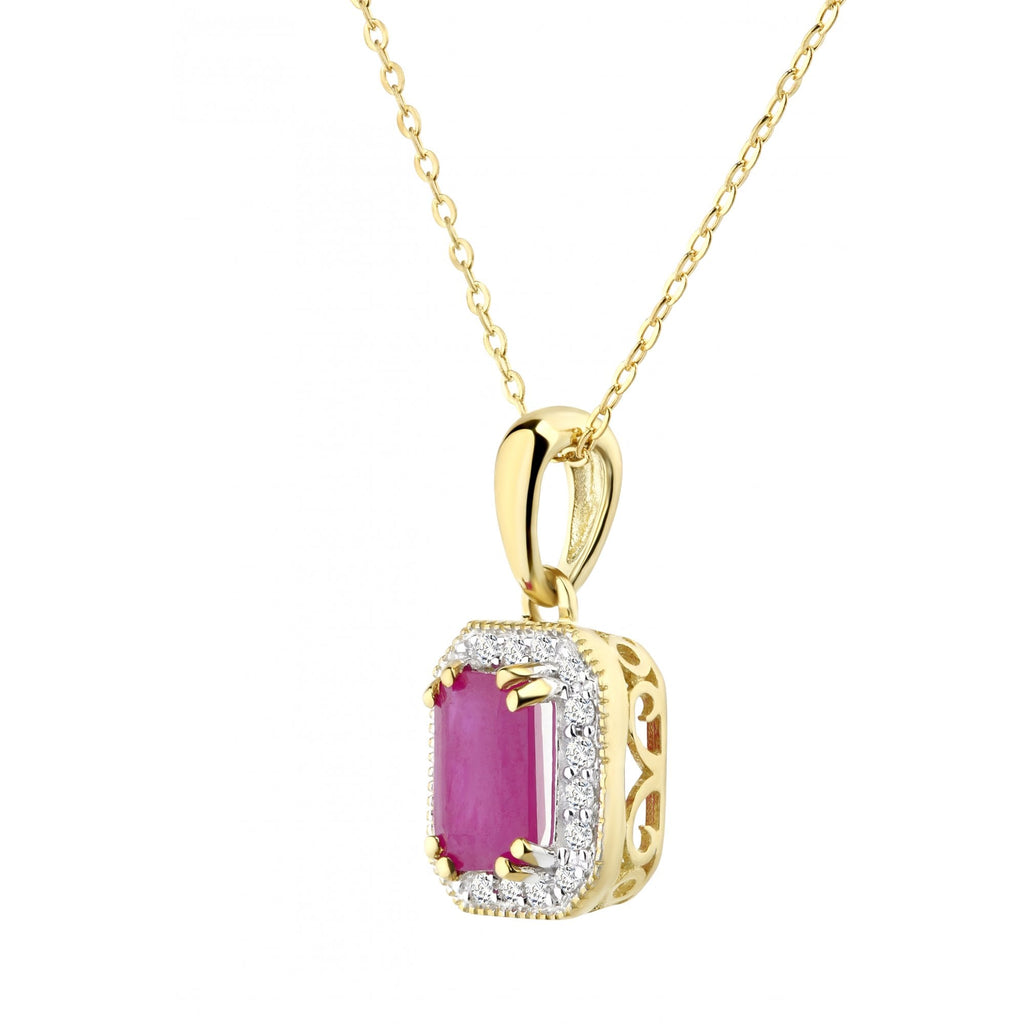 9ct Yellow Gold Octagon Ruby and Diamond Pendant Necklace