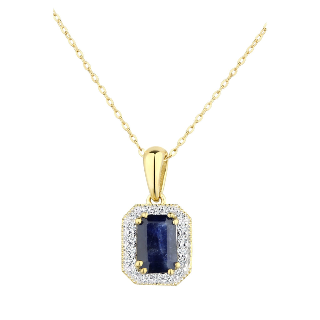 Octagon Natural Blue Sapphire and Diamond Solitaire Halo Necklace with Chain in 9ct Yellow Gold
