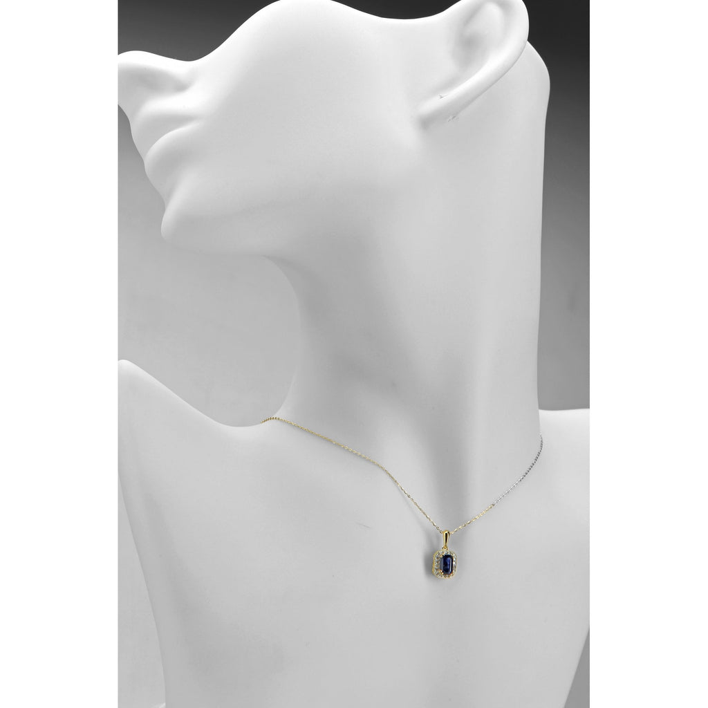 Octagon Natural Blue Sapphire and Diamond Solitaire Halo Necklace with Chain in 9ct Yellow Gold
