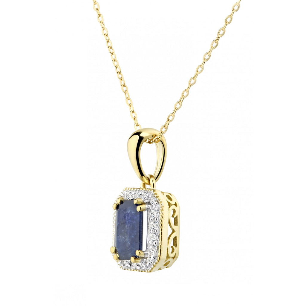 Octagon Natural Blue Sapphire and Diamond Solitaire Halo Necklace with Chain in 9ct Yellow Gold