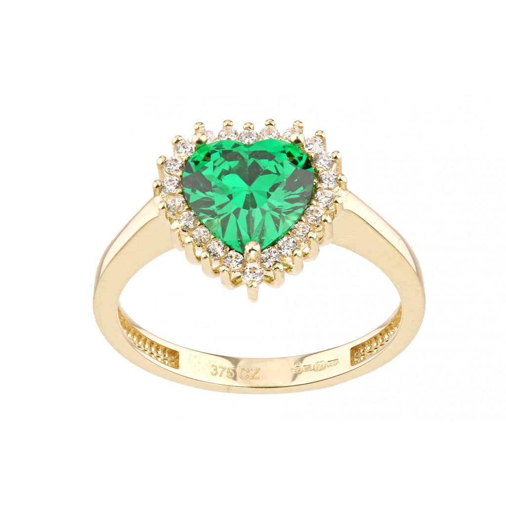 9ct Yellow Gold Heart Emerald Cluster Ring with Cubic Zirconia