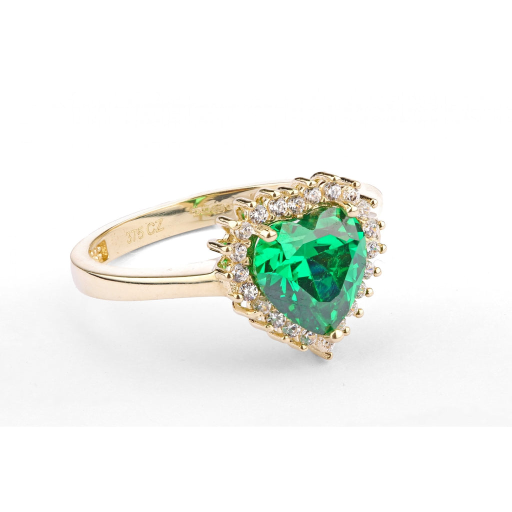 9ct Yellow Gold Heart Emerald Cluster Ring with Cubic Zirconia