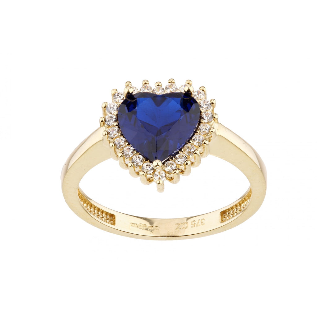 9ct Yellow Gold Cz Sapphire Heart Cluster Ring